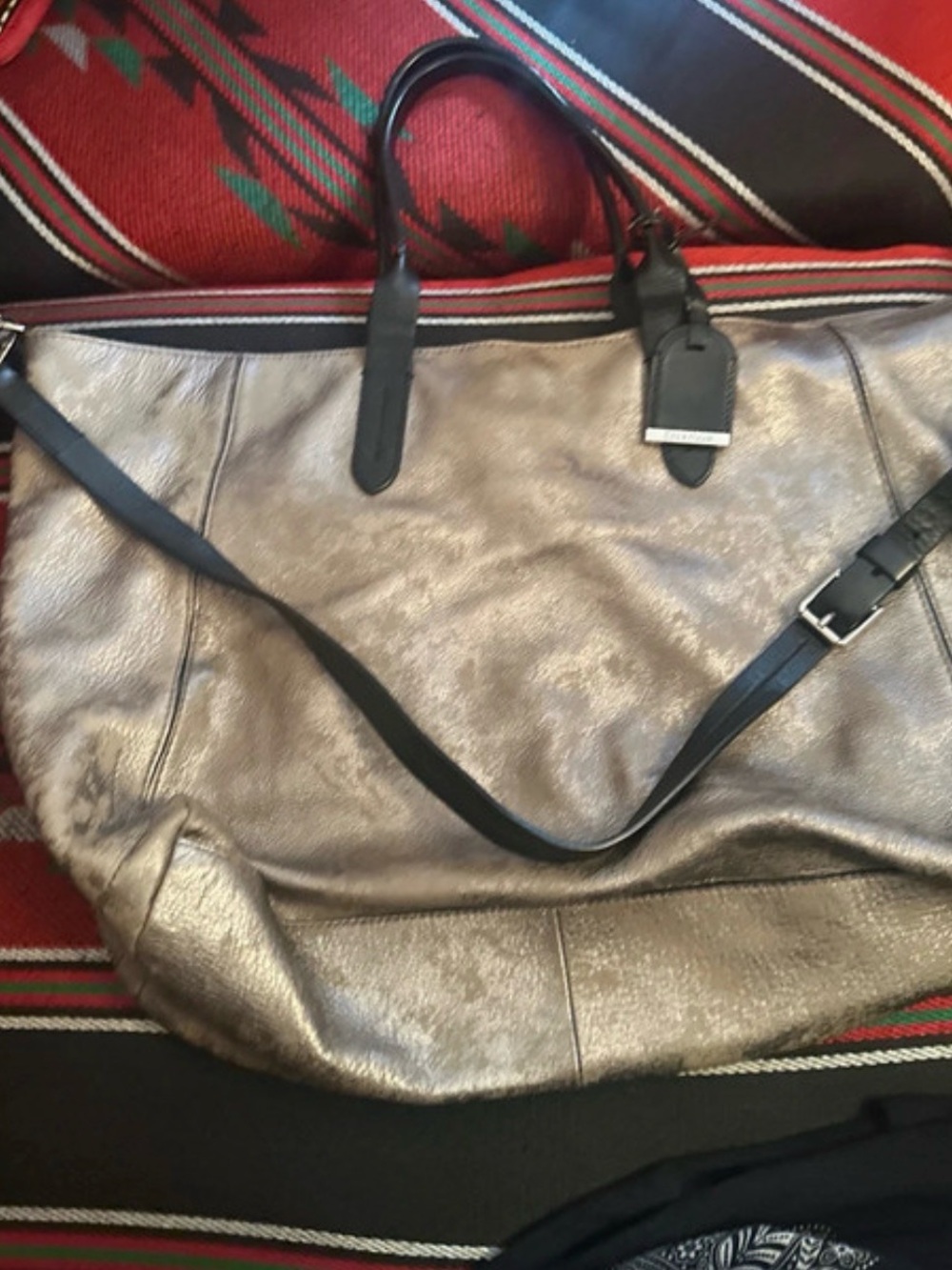 I COLE HAAN SOFT LEATHER Metallic Silver Tote Bag with Removable Shoulder Strap